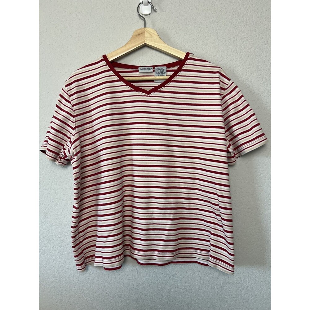 Vintage Cabin Creek Womens XL Red Striped V-Neck Short Sleeve T-Shirt Cotton